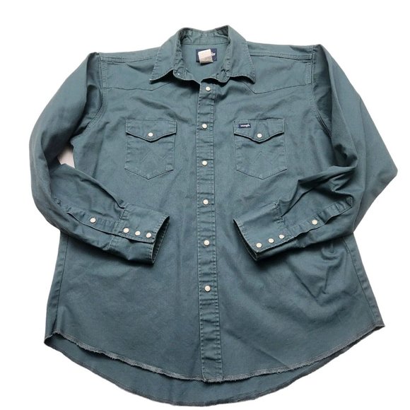 Vintage Wrangler Blue Green Bushpopper Heavy Denim Pearl Snap Long Sleeve - Picture 1 of 7